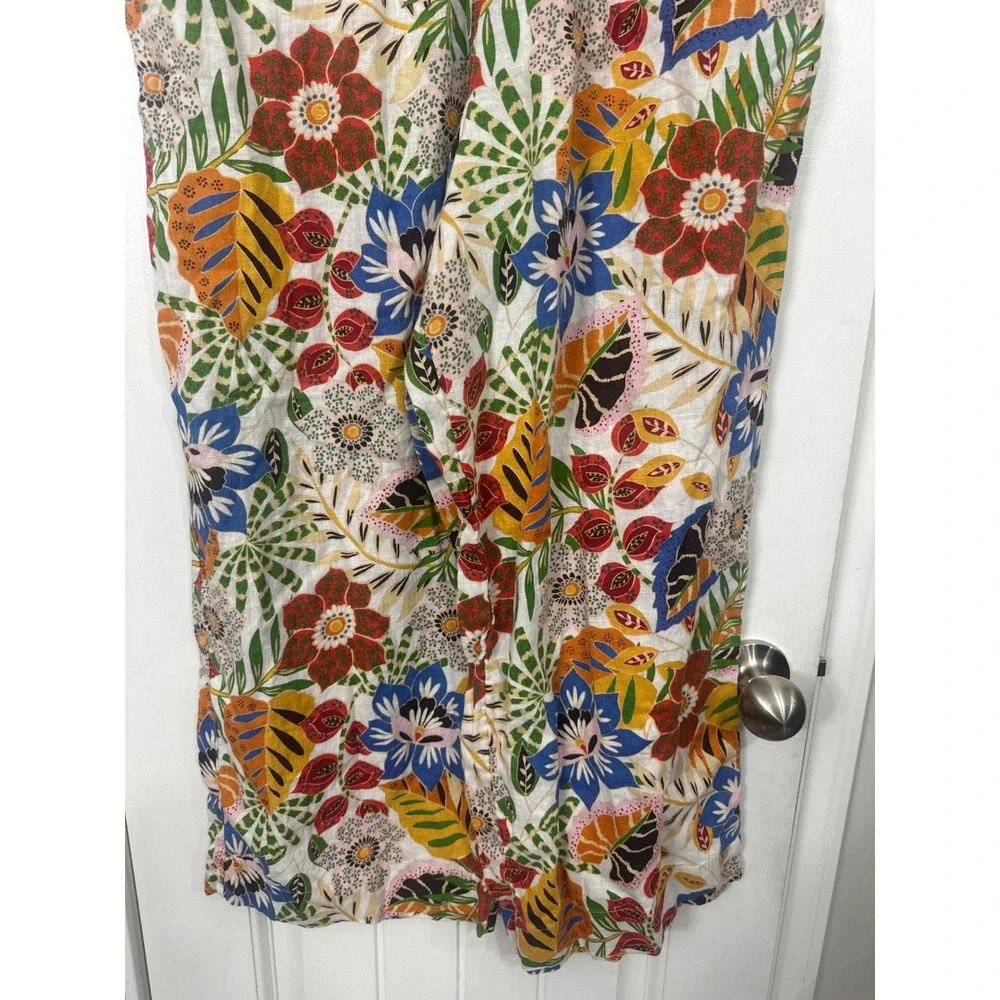 C&C California Womens Large 100% Linen Wide Leg Tropical Floral Pants MultiColor